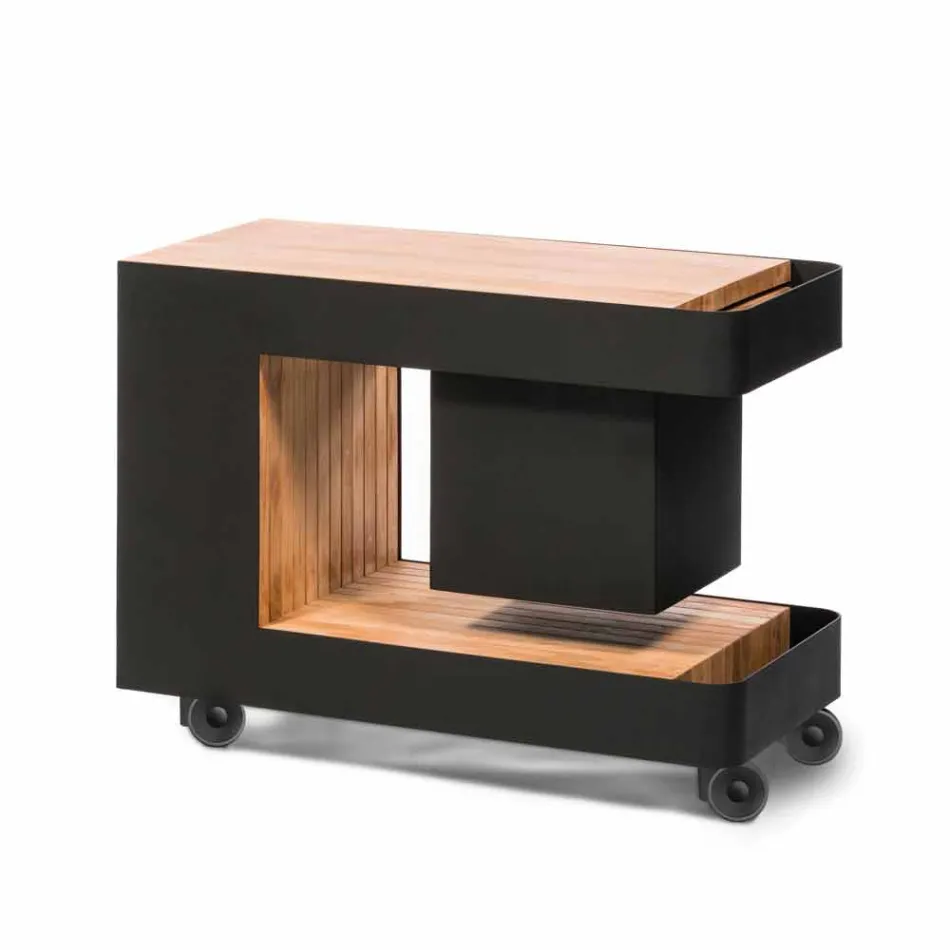 Modern Mobile Bar on Wheels Design with Wooden and Steel Table - Giancalliope Viadurini