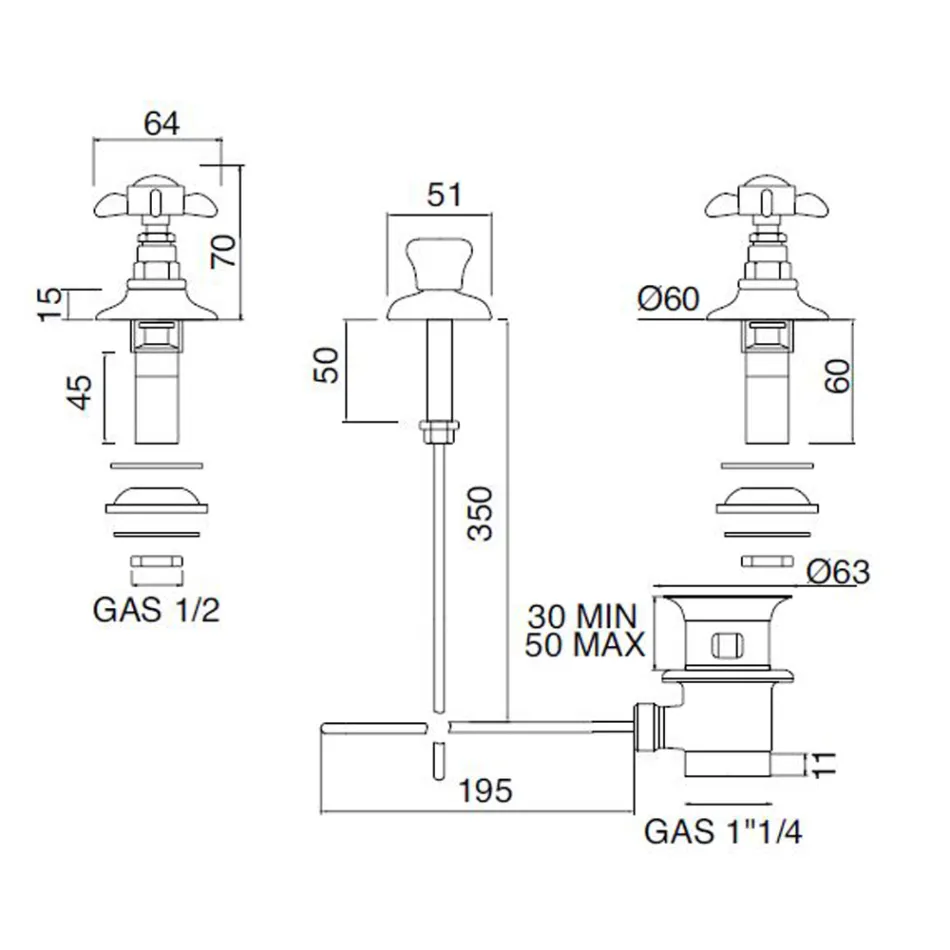 3 Hole Bidet Mixer with Internal Brass Delivery and Butterfly Handles - Miriano Viadurini