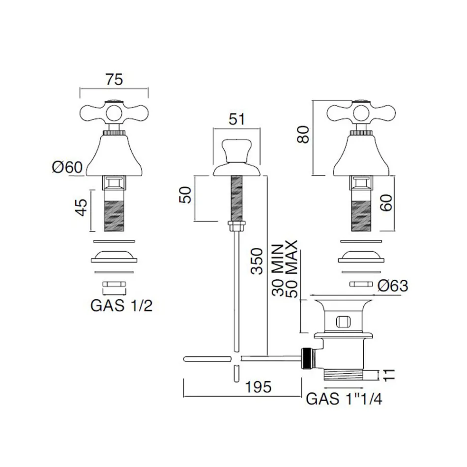 3 Hole Bidet Mixer Drain Internal Delivery Handcrafted Brass - Ercolina Viadurini