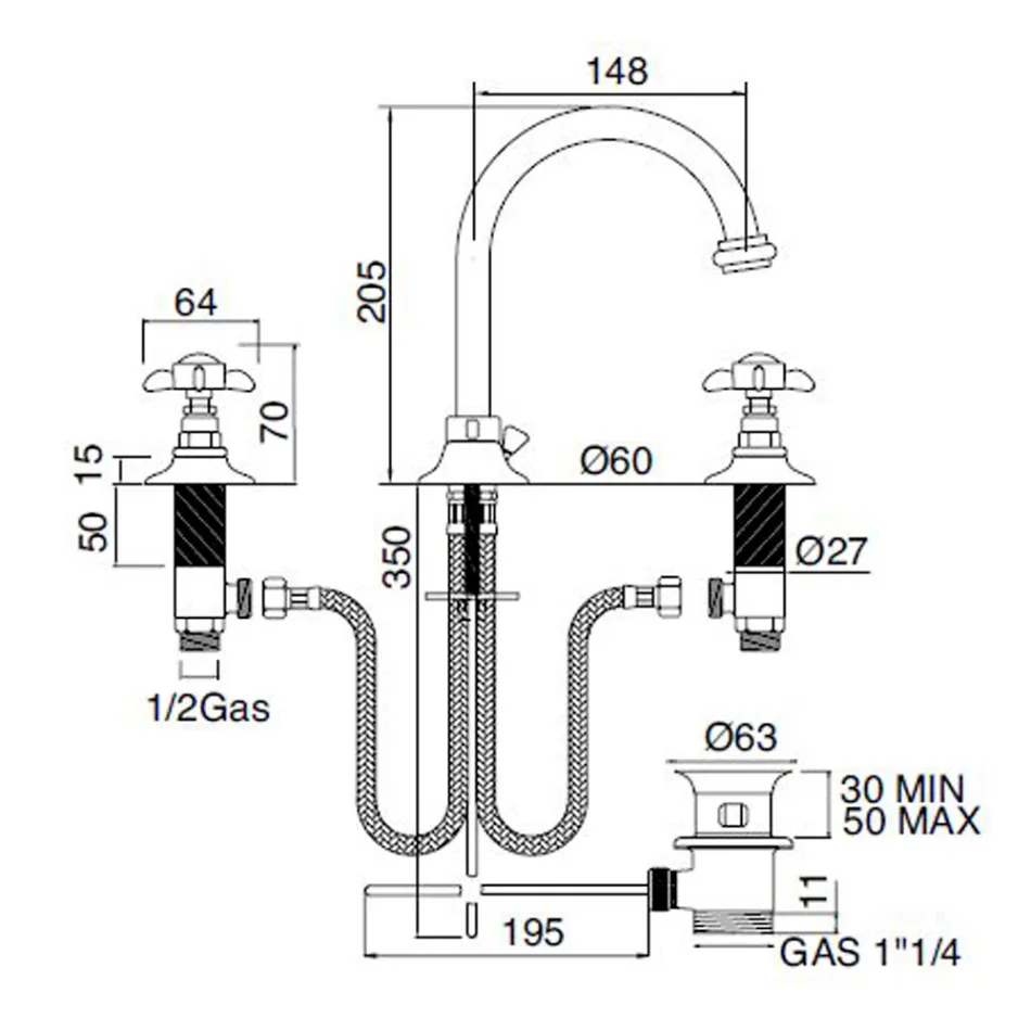 3 Hole Basin Mixer with High Spout in Brass and Butterfly Handles - Miriano Viadurini