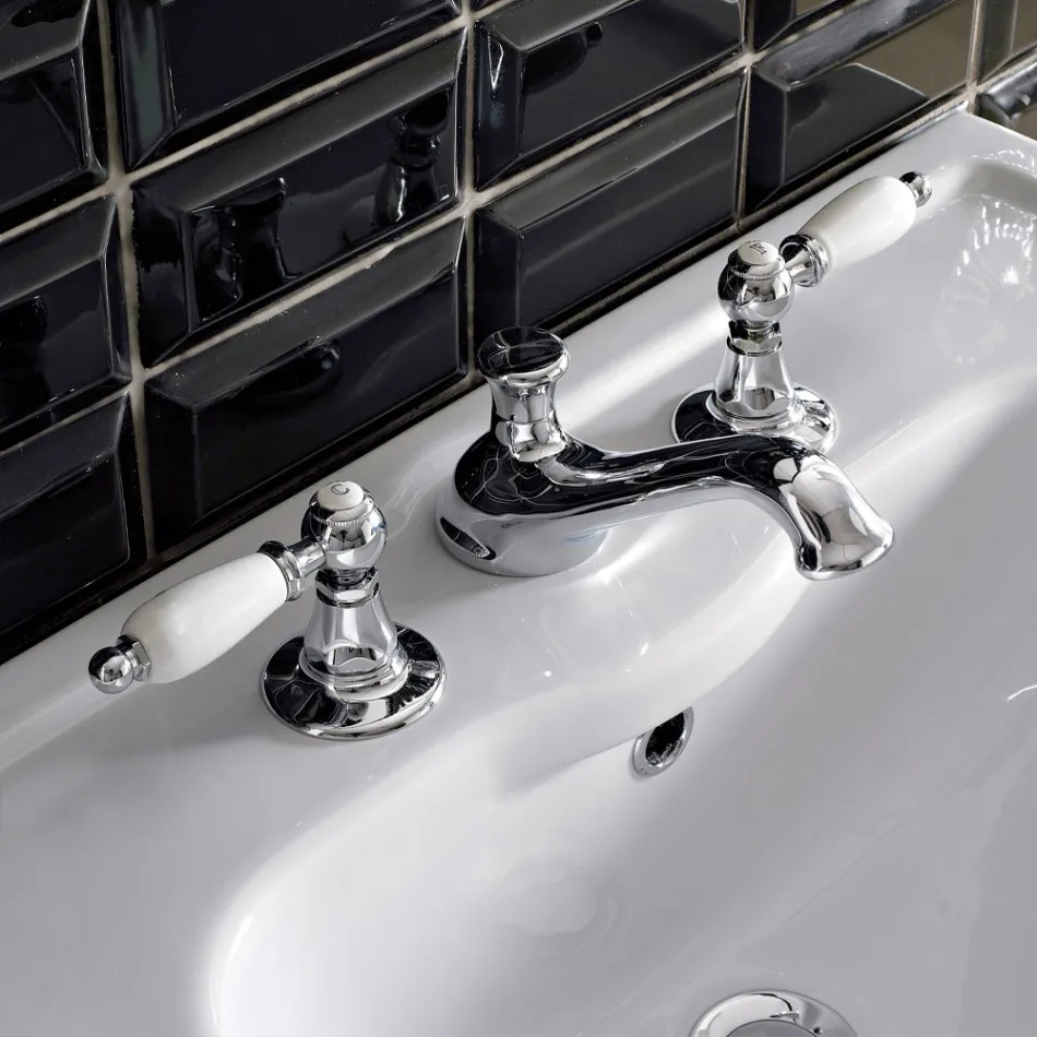 3 Hole Basin Mixer with Classic Style Levers in Handcrafted Brass - Noriana Viadurini