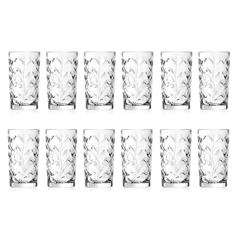 Tall Tumbler Glasses in Eco Crystal Leaf Decoration 12 Pcs - Magnolio Viadurini