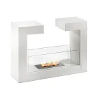Floor Bio Fireplace in White Painted Metal and Tempered Glass - Pelide Viadurini