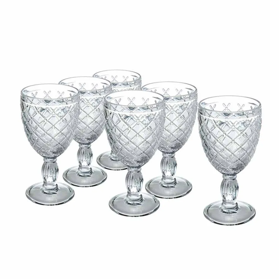 Wine or Water Goblet in Colored or Transparent Glass with Decorations, 12 Pieces - Rocca Viadurini