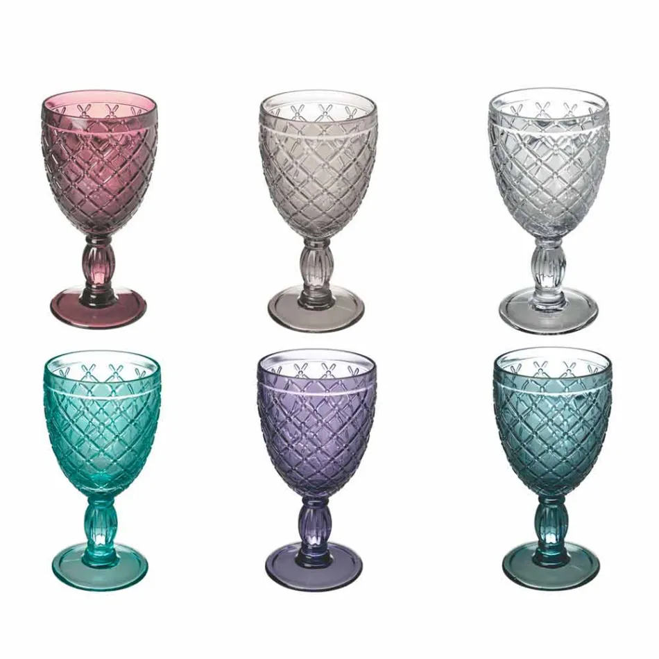 Wine or Water Goblet in Colored or Transparent Glass with Decorations, 12 Pieces - Rocca Viadurini