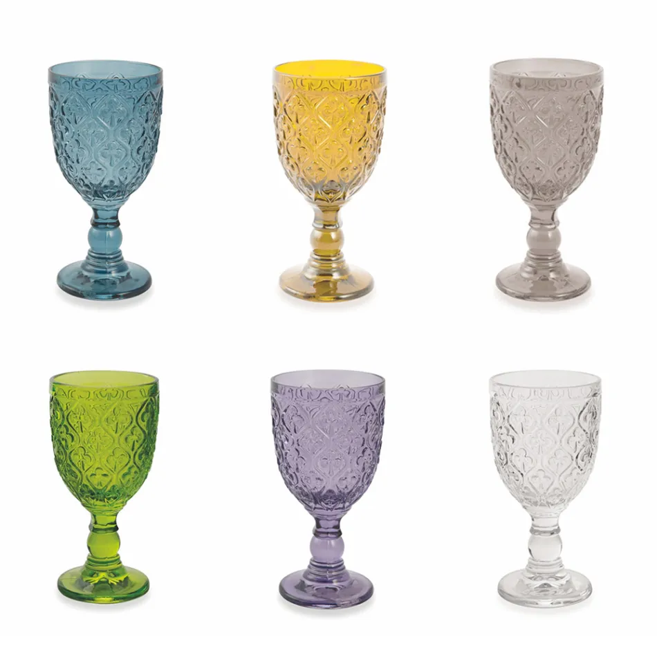 Wine or Water Goblets in Colored Glass and Arabesque Decoration 12 Pieces - Morocco Viadurini