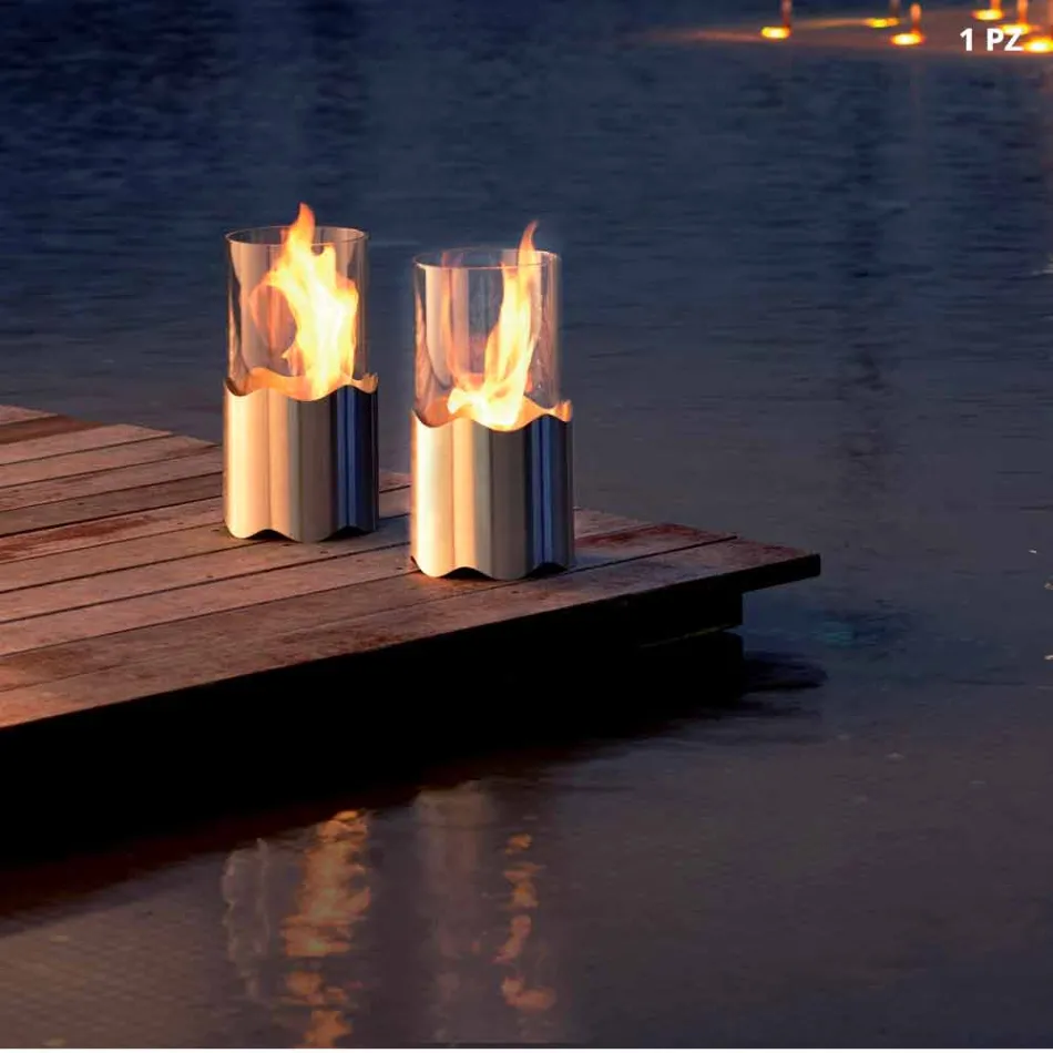 Bioethanol fireplace with stainless steel table and glass Leon, made in Italy Viadurini