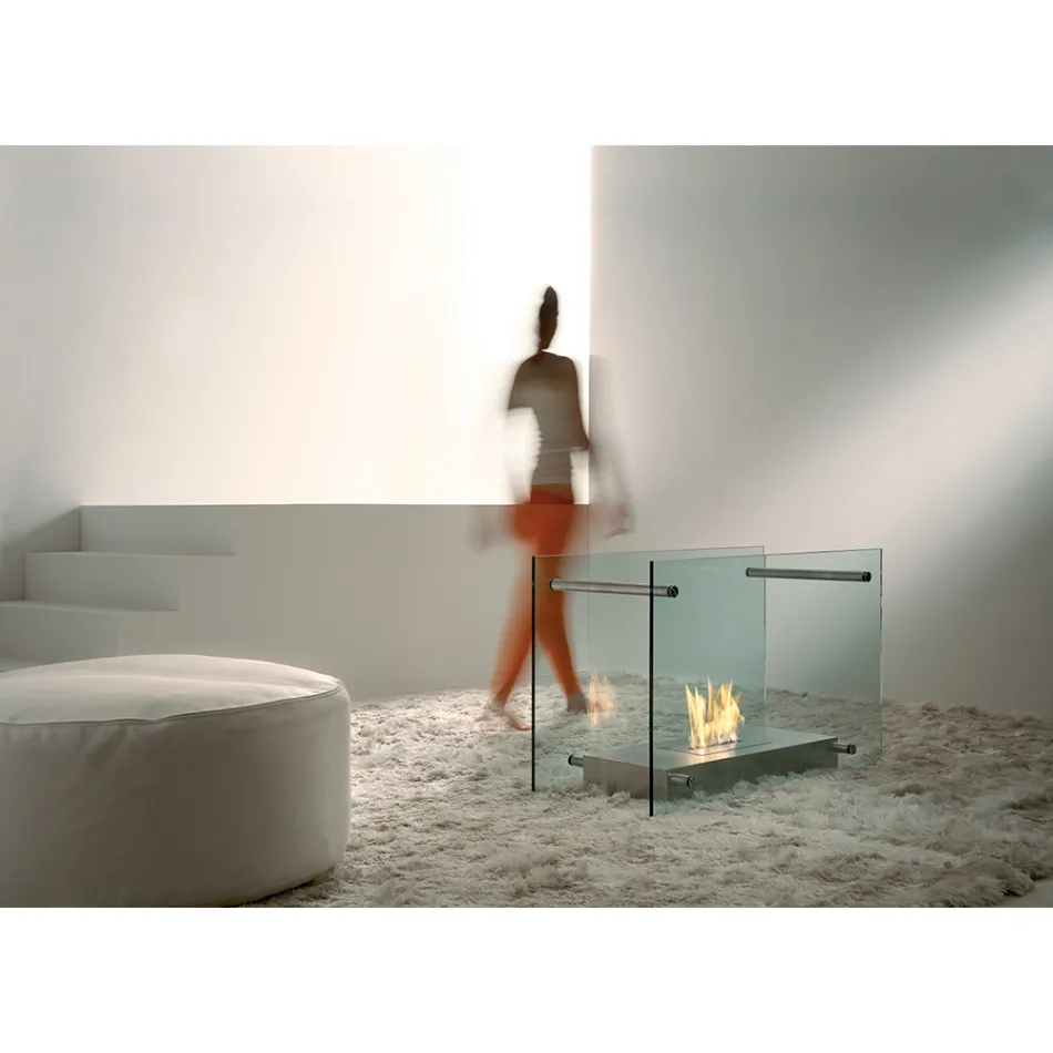 Floor Bioethanol Fireplace in Glass and Steel Design for Indoor - Edison Viadurini