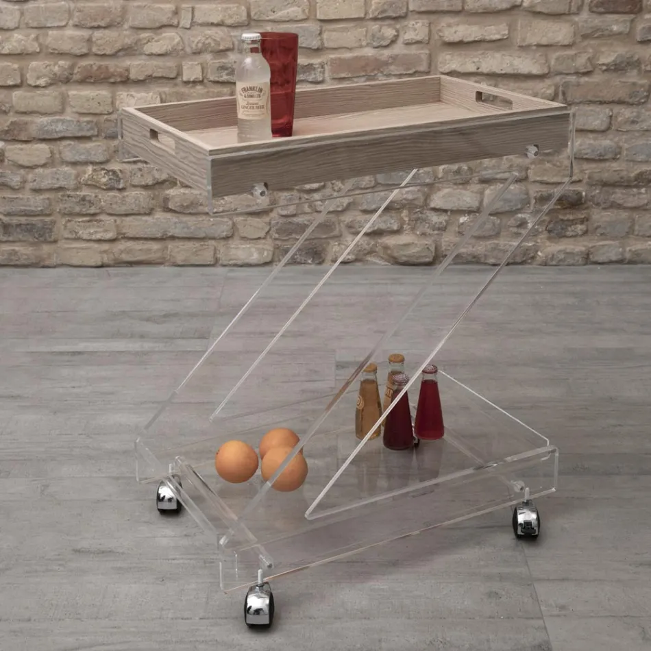 Trolley 2 Shelves in Transparent Acrylic Crystal with Tray - Zazza Viadurini