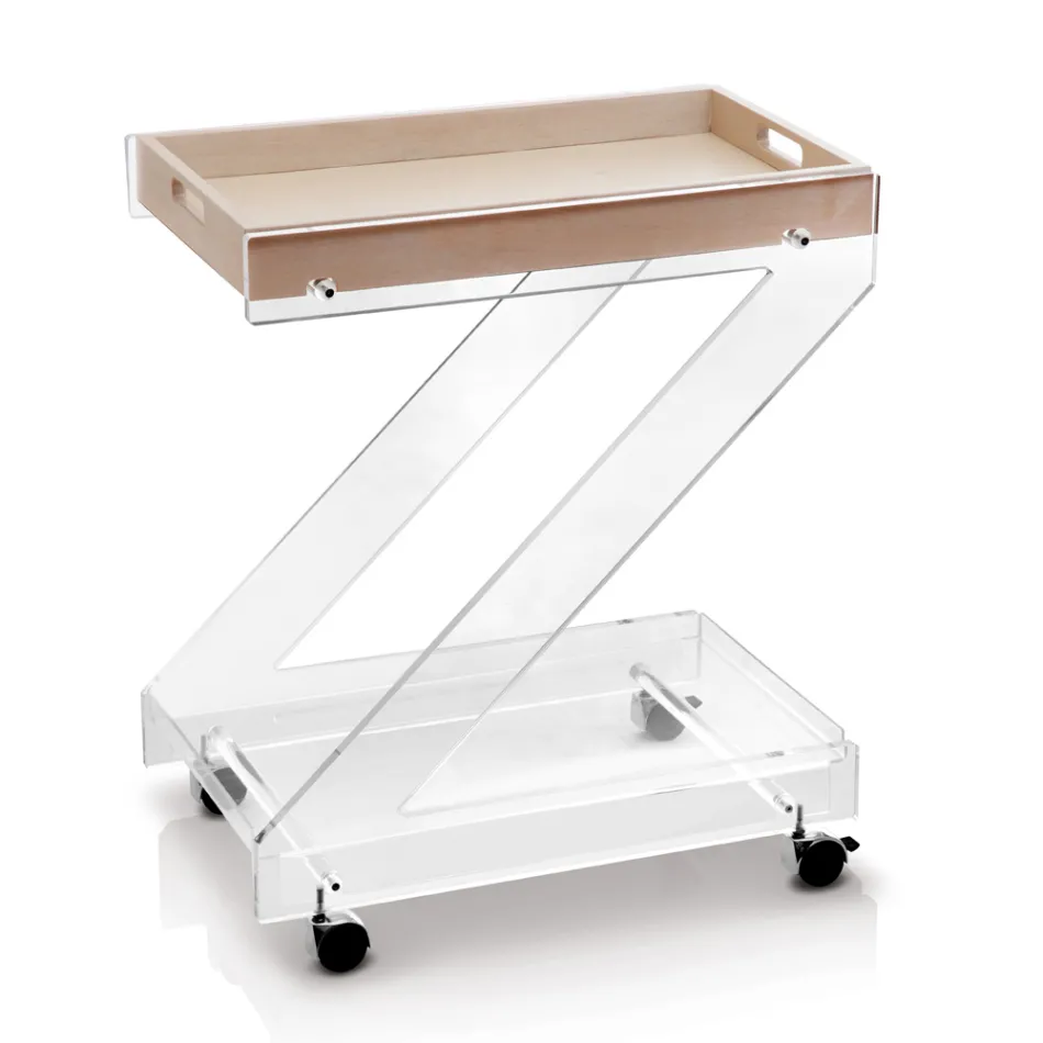 Trolley 2 Shelves in Transparent Acrylic Crystal with Tray - Zazza Viadurini