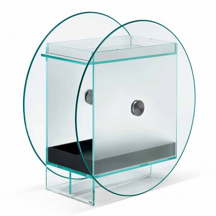 Bar Trolley in Extra-clear Glass with Wheels and Extractable Tray - Pigolo Viadurini
