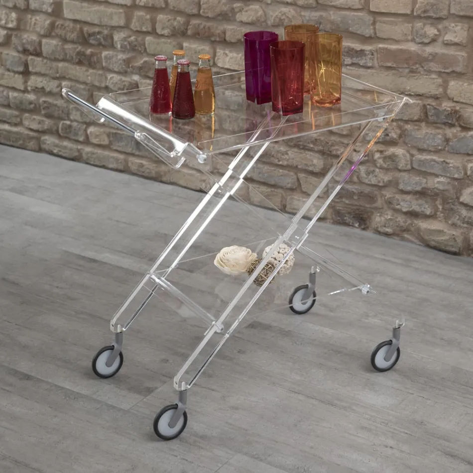 Folding Trolley in Transparent Acrylic Crystal 2 Trays - Aristocles Viadurini
