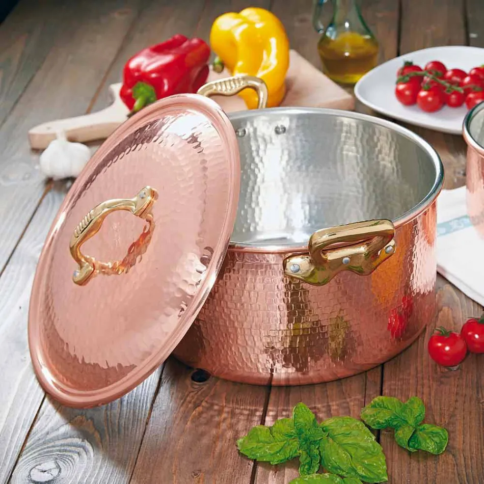 High Casserole in Tinned Copper by Hand Round with 2 Handles 24 cm - Gianfranco Viadurini