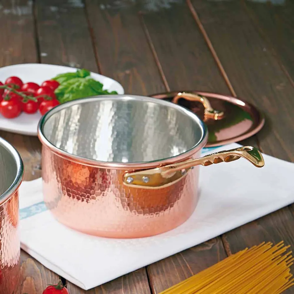 High Round Casserole in Hand Tinned Copper with Handle 24 cm - Giancarlo Viadurini