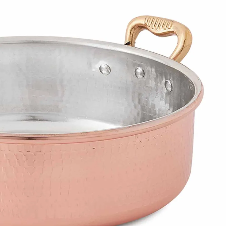 Low Casserole in Tinned Copper by Hand Round with 2 Handles 24 cm - Gianfranco Viadurini