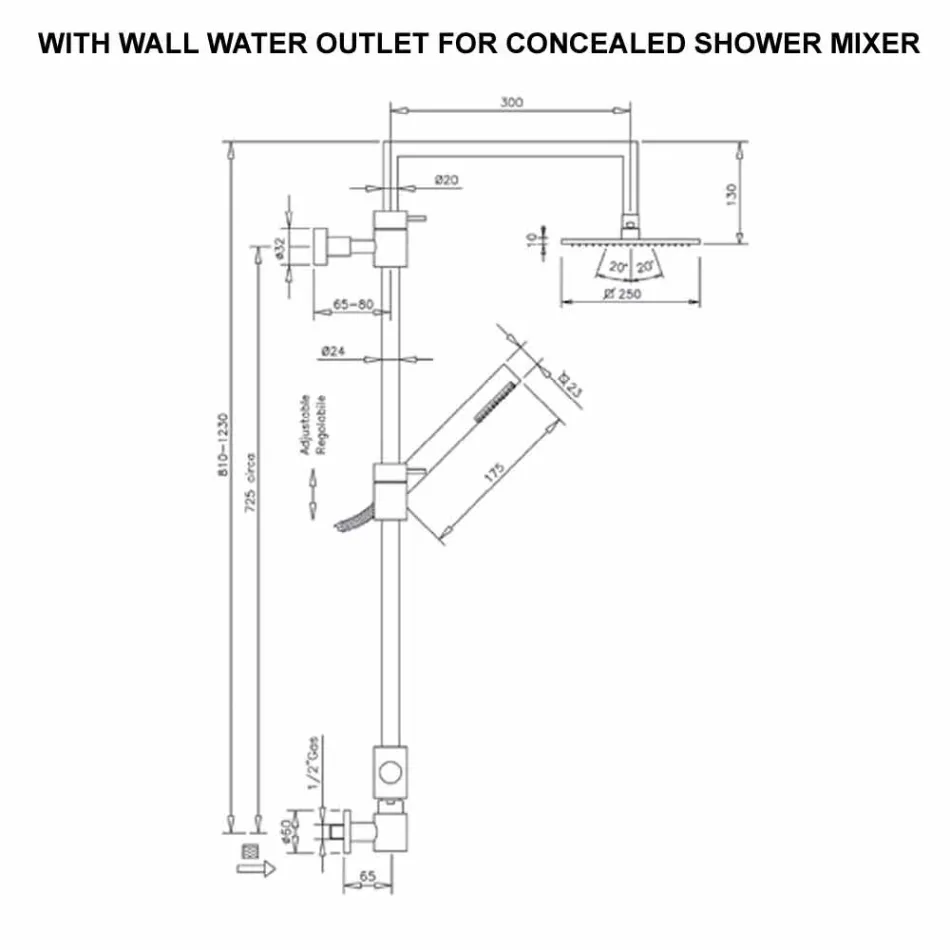 Brass Shower Column with Square Steel Shower Head Made in Italy - Lipari Viadurini