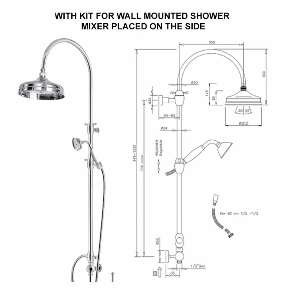 Brass Shower Column with Round Shower Head and Hand Shower Made in Italy - Brillo Viadurini