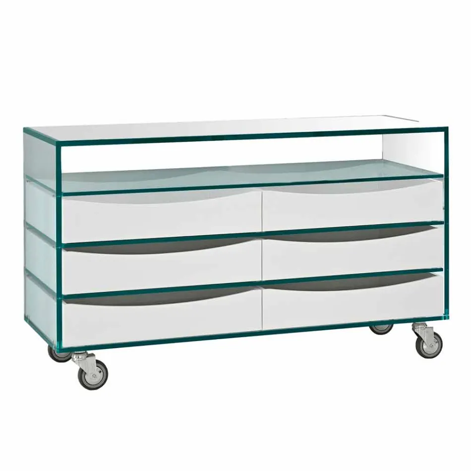 Extralight Glass Dresser and Six White Wood Drawers Made in Italy - Ganzo Viadurini