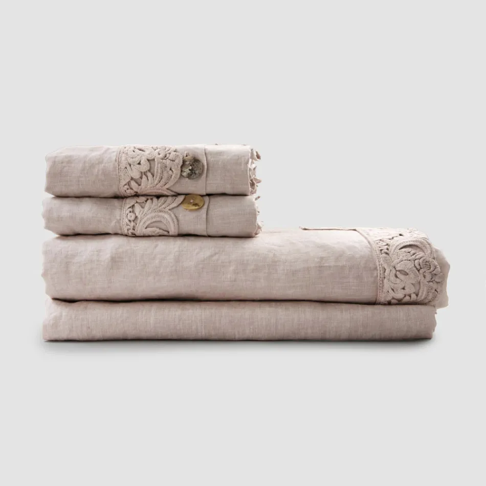 Double Sheet Set in Light Linen and Armonia Lace 2 Colors - Dettox Viadurini
