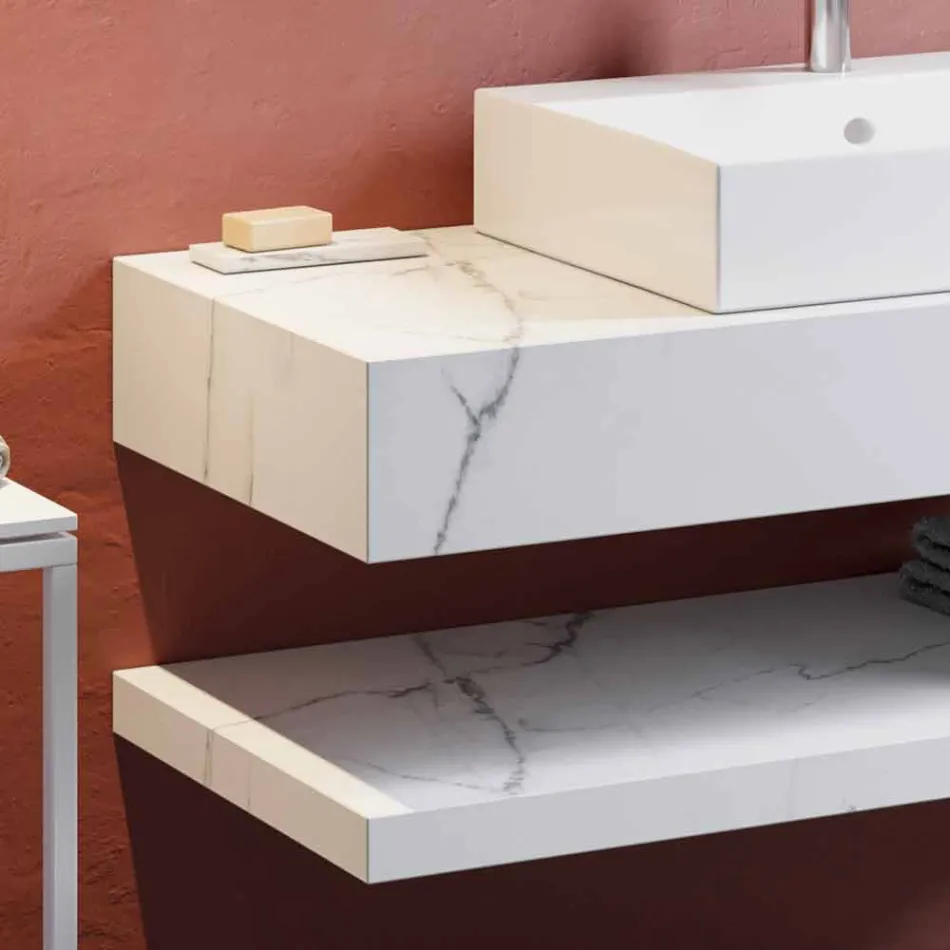 Composition 3 Suspended Bathroom Furniture in Porcelain Stoneware 4 Finishes - Rambina Viadurini