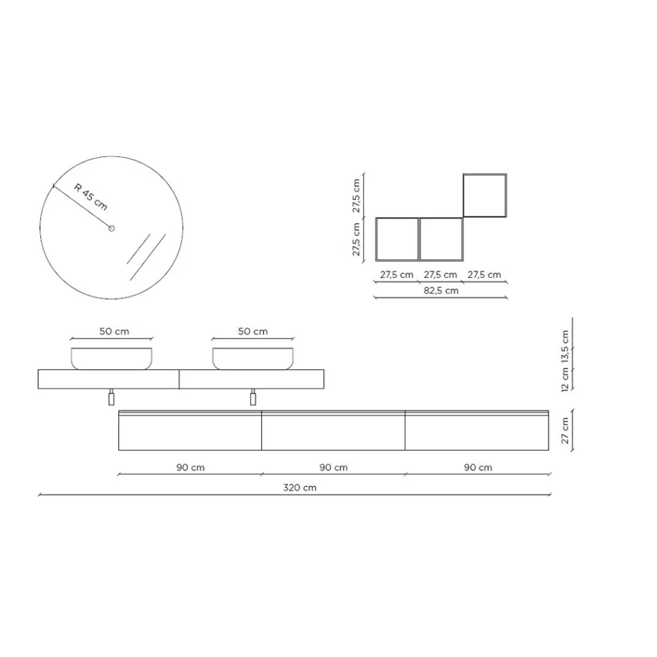 Concrete Color and Matt White Bathroom Composition with Washbasin, Mirror and Base - Palom Viadurini