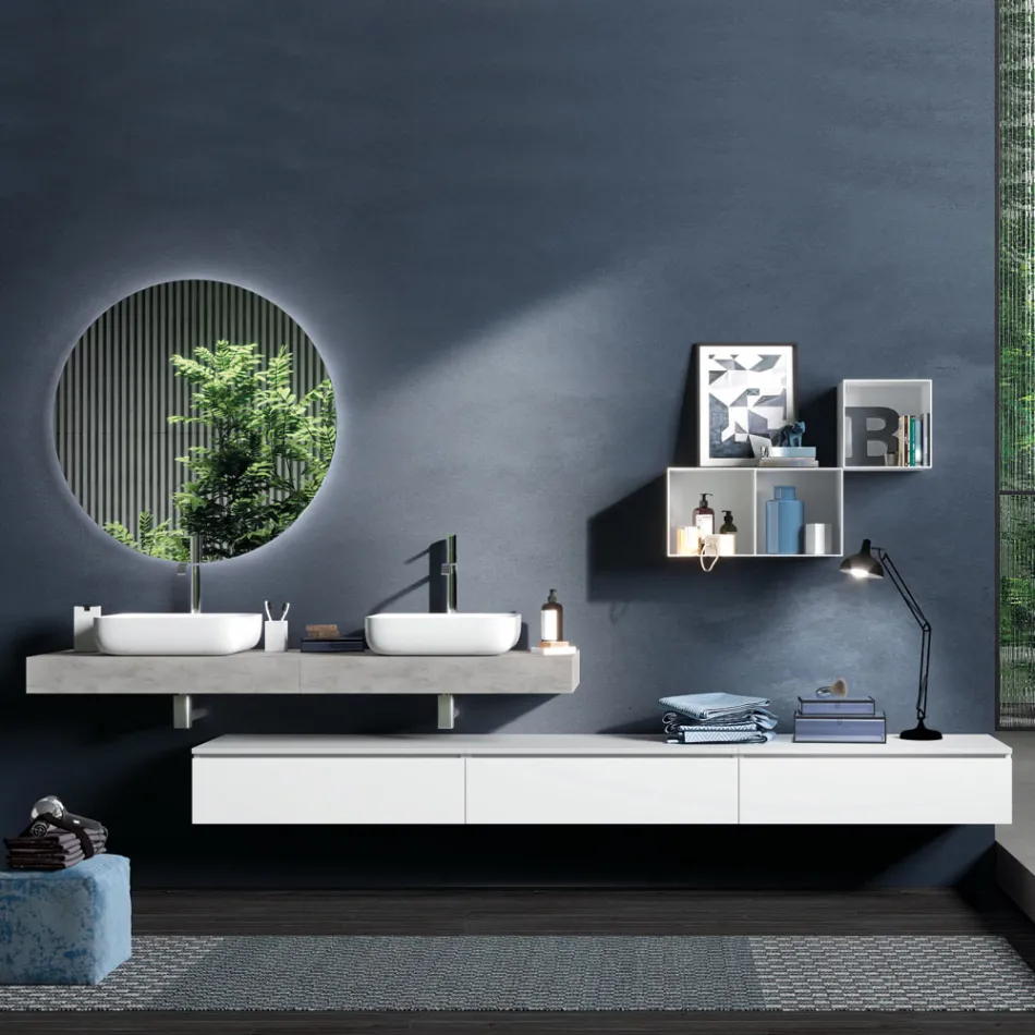 Concrete Color and Matt White Bathroom Composition with Washbasin, Mirror and Base - Palom Viadurini