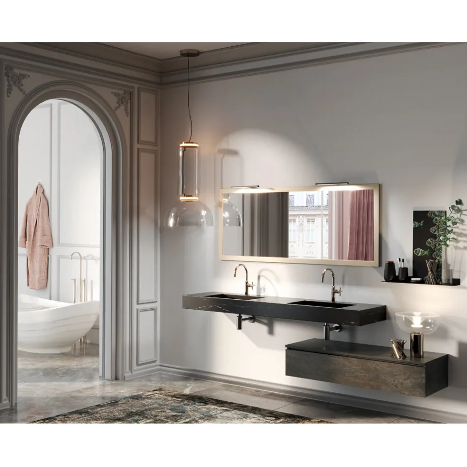 Bathroom Composition Complete with Mirror and Double Washbasin Made in Italy - Palom Viadurini
