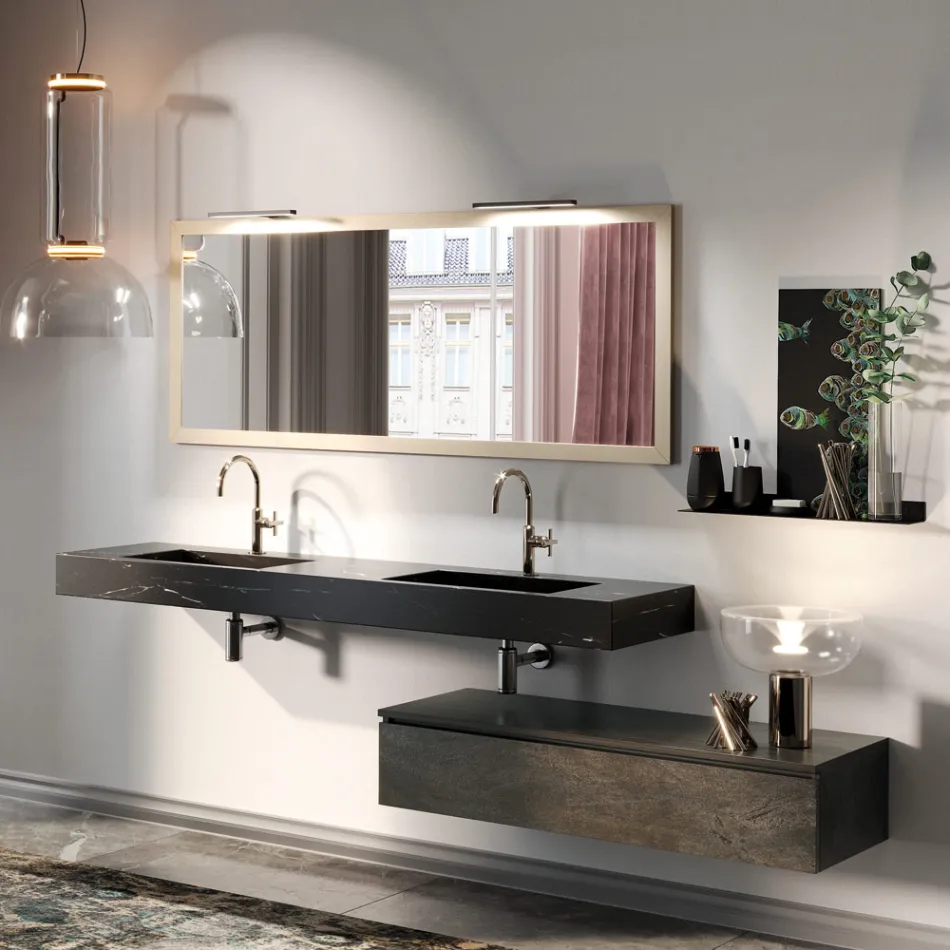 Bathroom Composition Complete with Mirror and Double Washbasin Made in Italy - Palom Viadurini