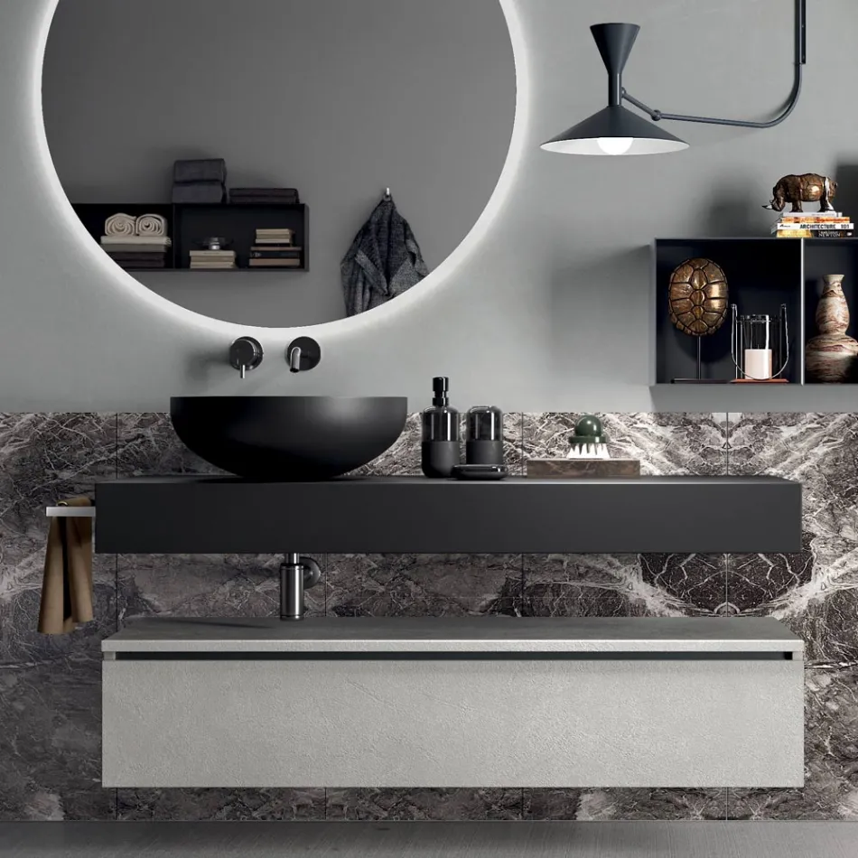 Bathroom Composition Complete with Mirror, Washbasin, Base and Top Made in Italy - Palom Viadurini
