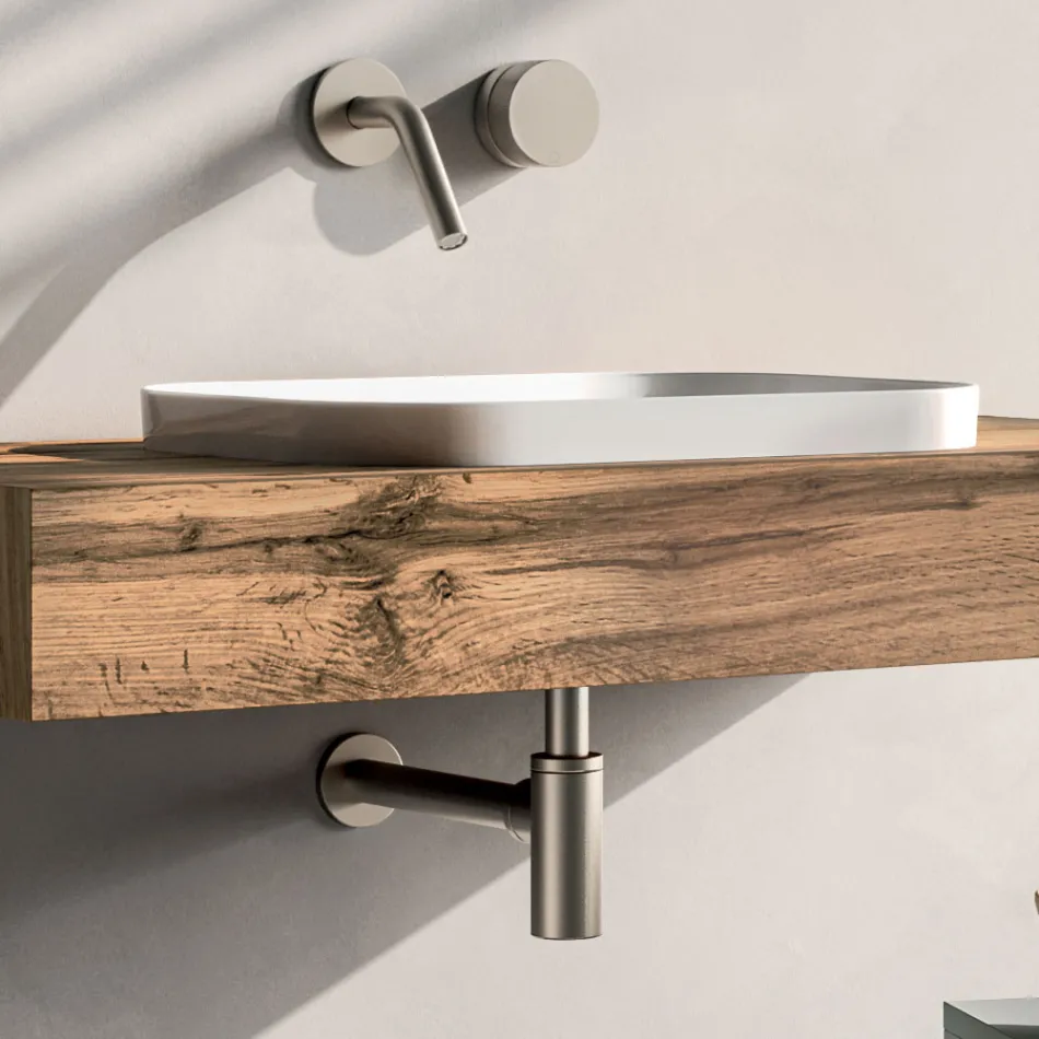 Bathroom Composition Including Base with Wheels, Sink, and Mirror - Titan Viadurini