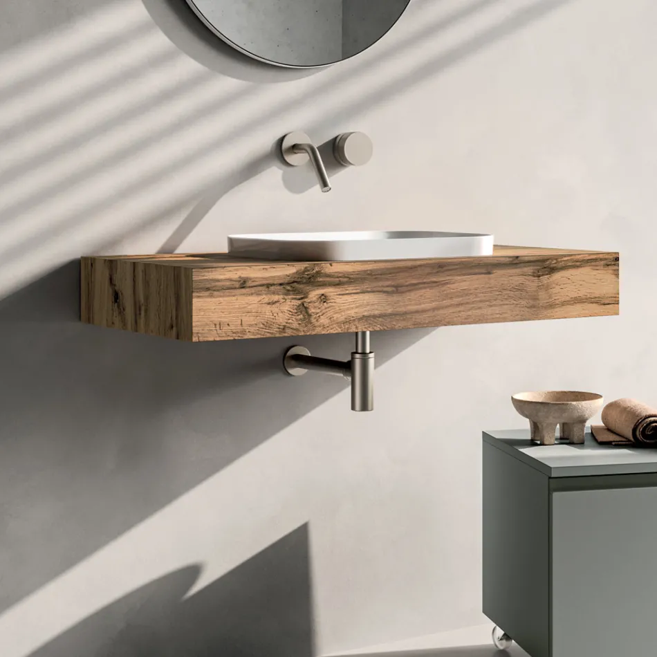 Bathroom Composition Including Base with Wheels, Sink, and Mirror - Titan Viadurini