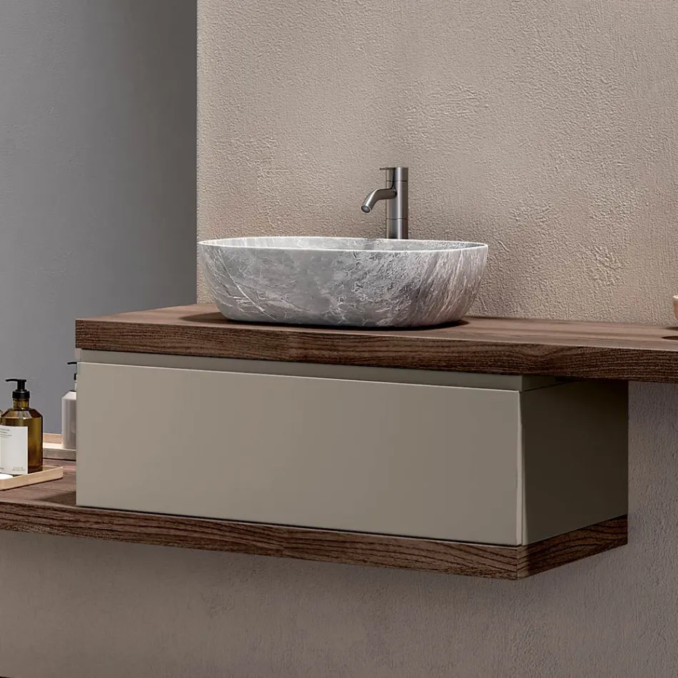 Bathroom Composition with 1 Drawer, 2 Oak Shelves, Sink and Mirror - Titan Viadurini