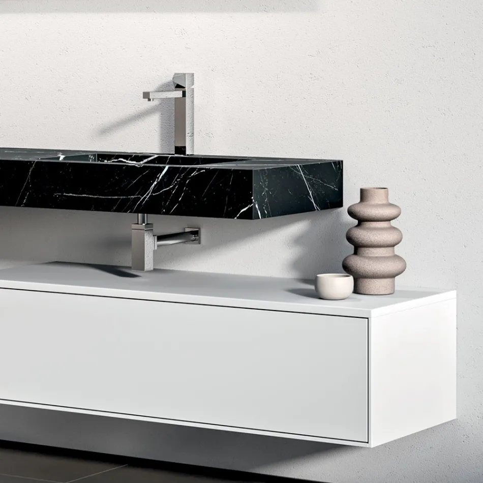 Bathroom Composition with 1 White Drawer, Mirror and Marquina HPL Shelf - Velaria Viadurini