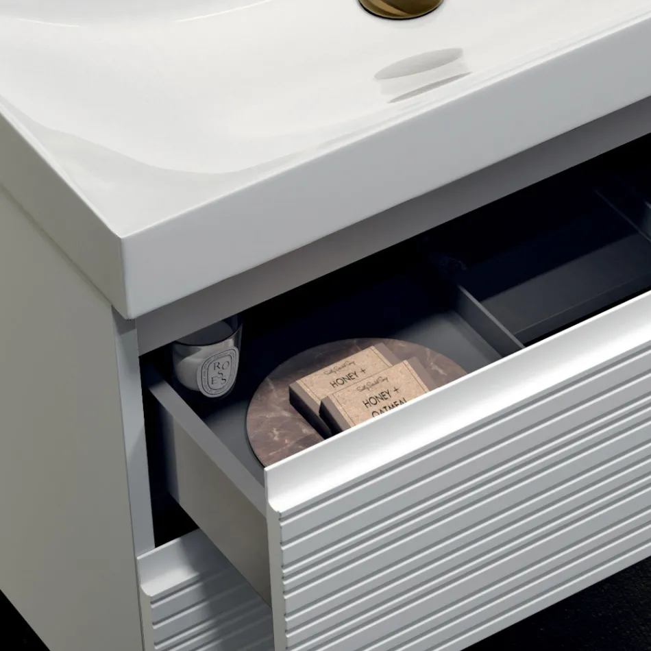 Bathroom Composition with 2 Matte White Drawers, Sink and Mirror - Elios Viadurini