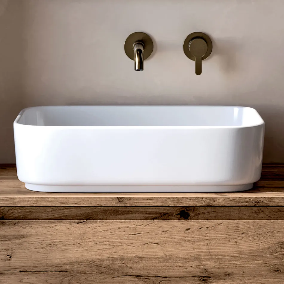 Bathroom Composition with 2 Oak Drawers, Ceramic Sink and Mirror - Titan Viadurini