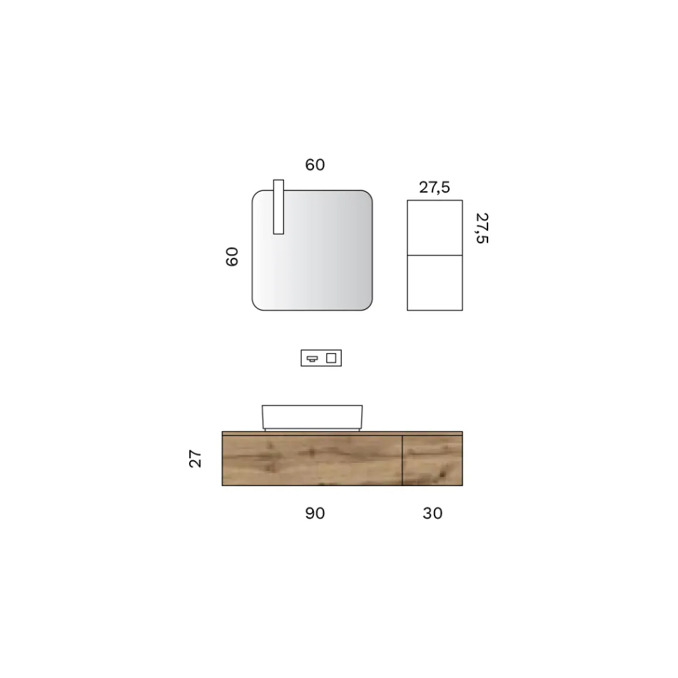 Bathroom Composition with 2 Oak Drawers, Ceramic Sink and Mirror - Titan Viadurini