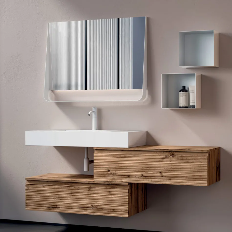 Bathroom Composition with 2 Drawers, White Sink, Mirror and Wall Cabinet - Elios Viadurini