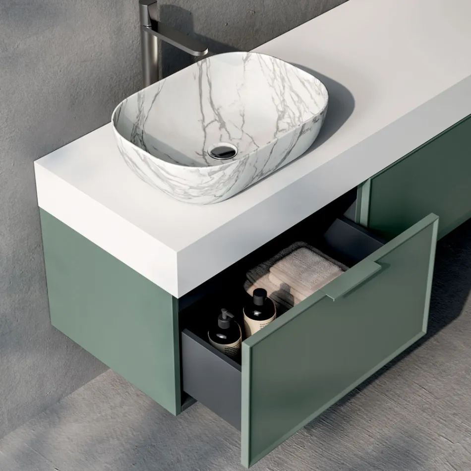 Bathroom Composition with 2 Drawers, Calacatta Ceramic Sink and Mirror - Orione Viadurini