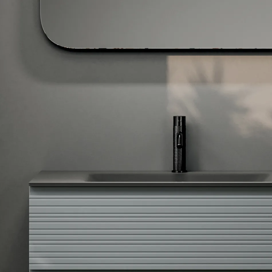 Bathroom Composition with 2 Drawers, Gray Glass Sink and Mirror - Elios Viadurini
