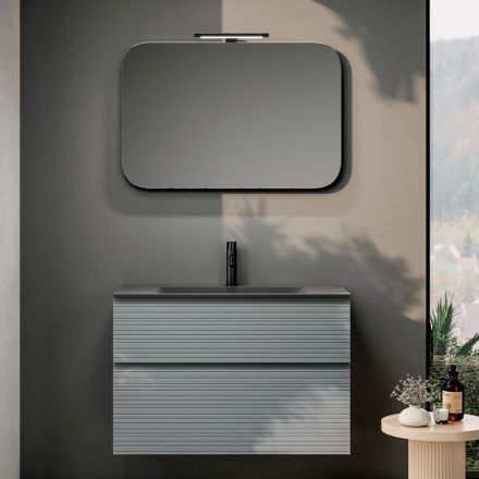 Bathroom Composition with 2 Drawers, Gray Glass Sink and Mirror - Elios Viadurini