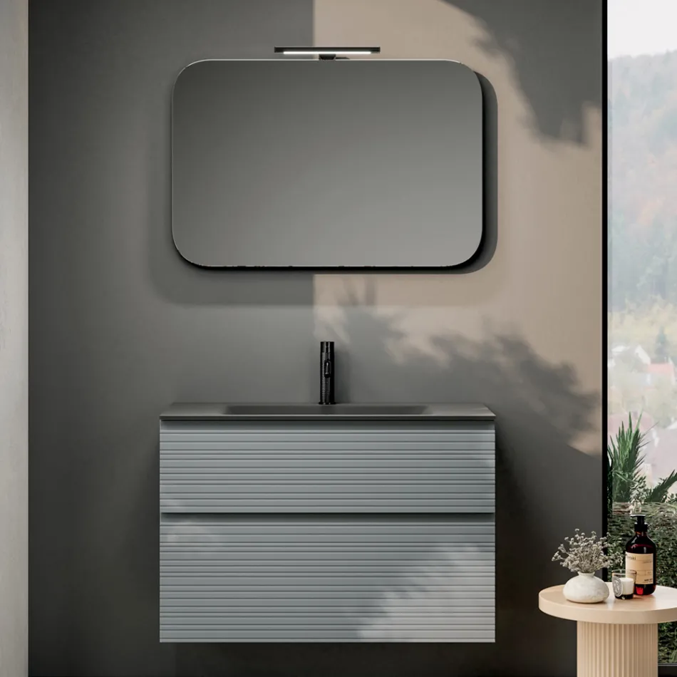 Bathroom Composition with 2 Drawers, Gray Glass Sink and Mirror - Elios Viadurini