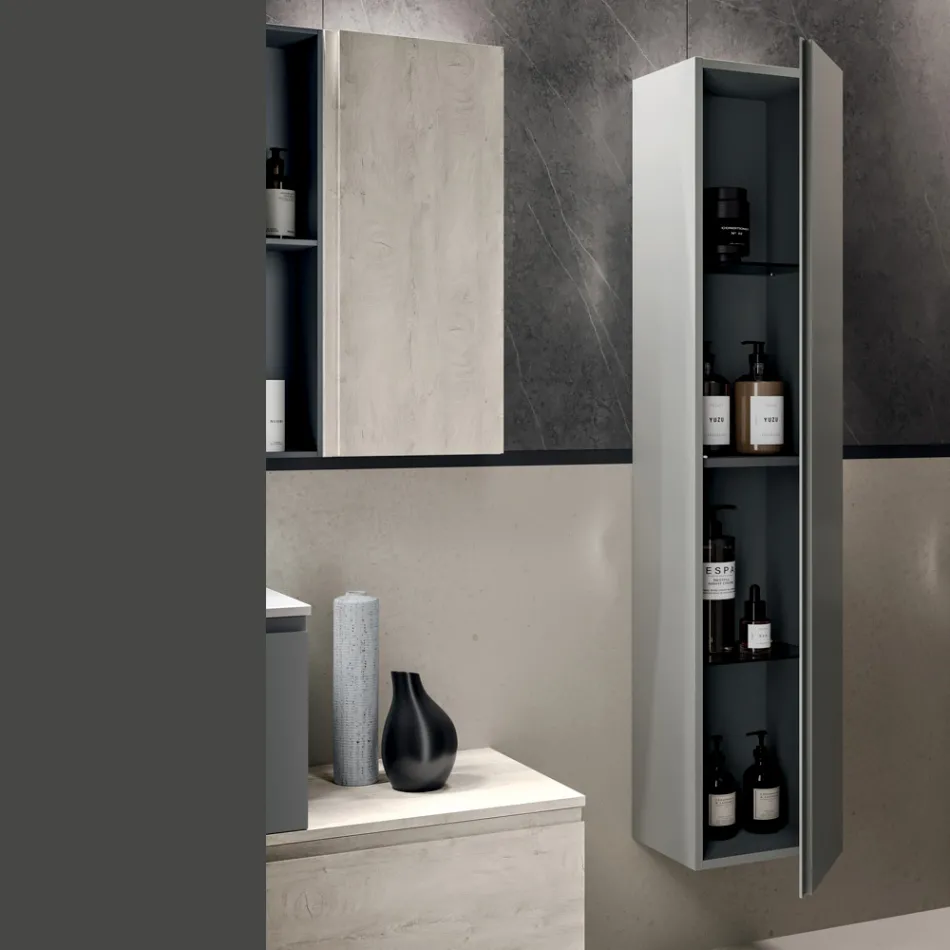 Bathroom Composition with 2 Drawers, Wall Cabinet, Column and Mirror - Titan Viadurini