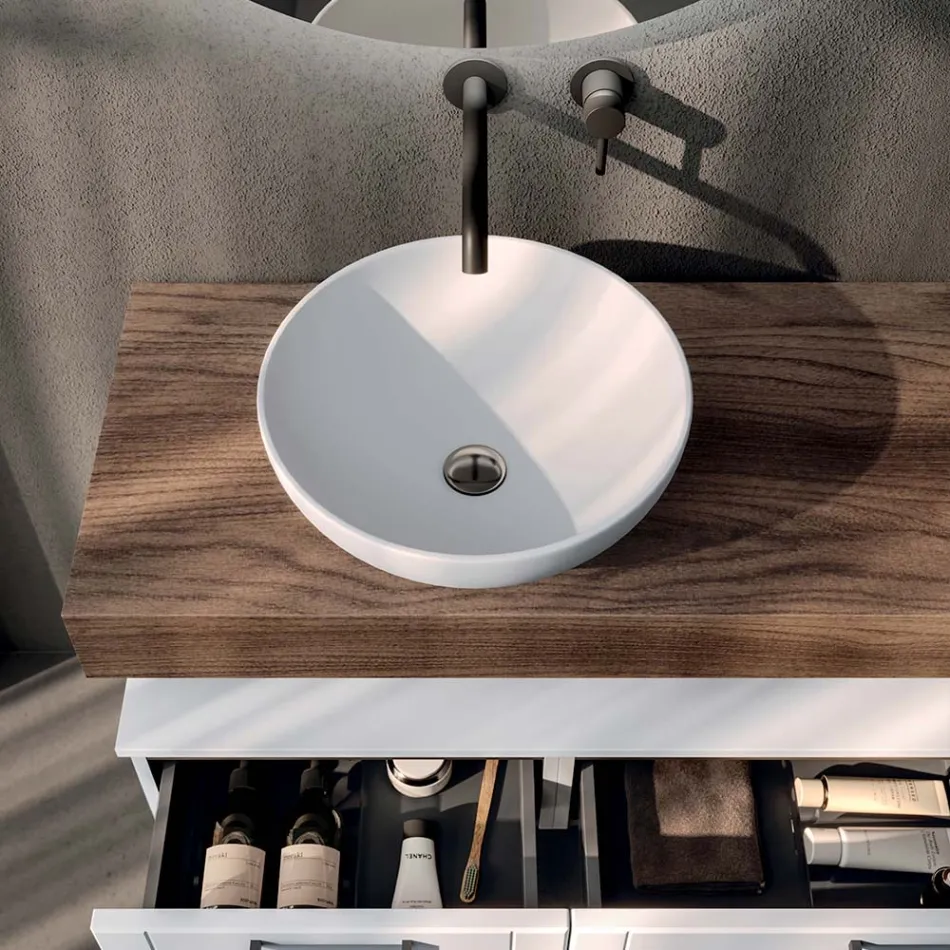 Bathroom Composition with 2 Drawers, Mirror, and White Resin Sink - Magnolia Viadurini