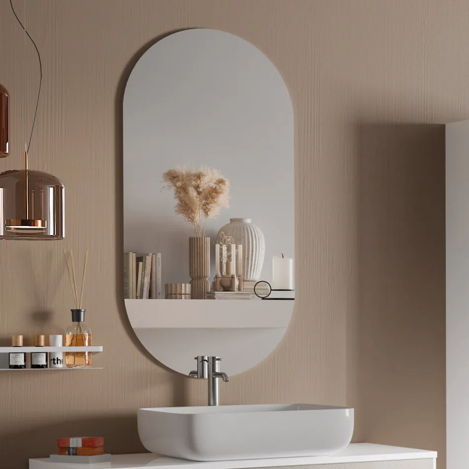 Bathroom Composition with Havana Stone Base, Mirror and Washbasin Made in Italy - Kilos Viadurini