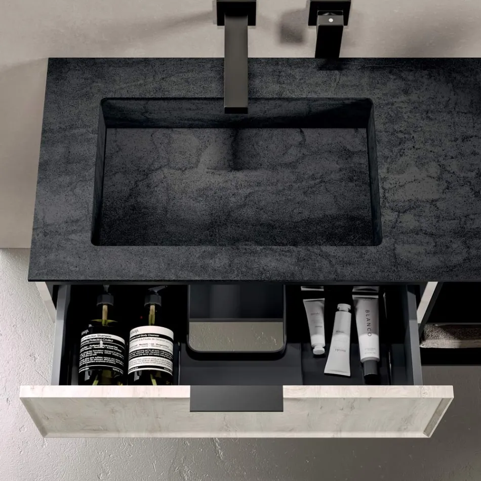 Bathroom Composition with Drawers, Sink, Mirror and Wall Cabinet - Orione Viadurini