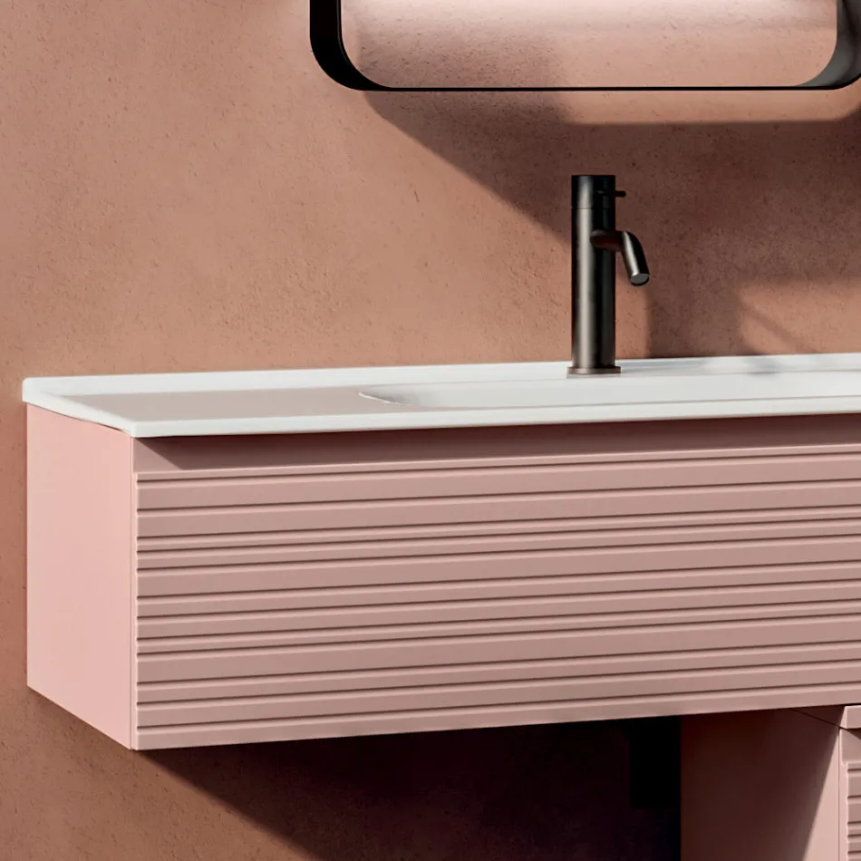 Bathroom Composition with Powder Pink Drawers, Sink, and Mirror - Elios Viadurini