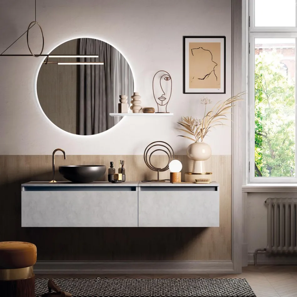 Bathroom Composition with Washbasin, Suspended Base and Mirror Made in Italy - Dream Viadurini