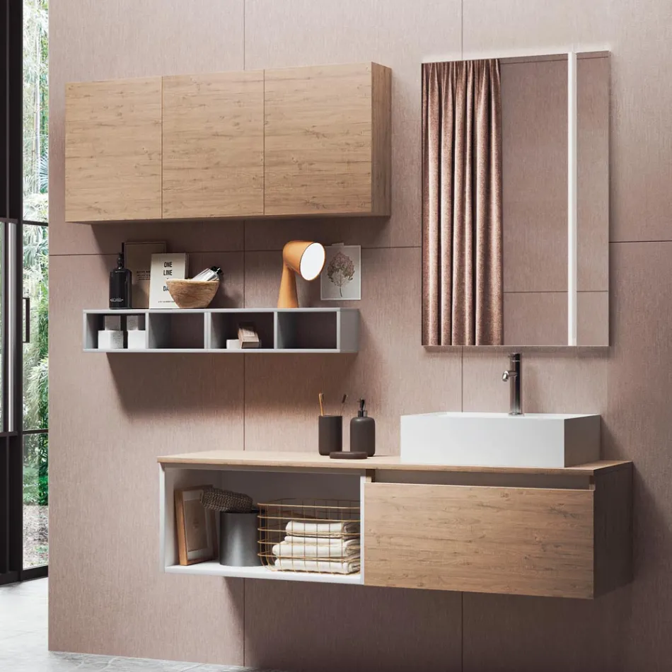 Bathroom Composition with Mirror with Integrated Lamp, Washbasin and Base - Dream Viadurini