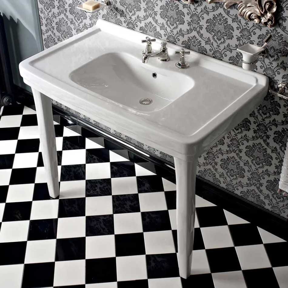Vintage Bathroom Console 105 cm in White Ceramic with Feet, Made in Italy - Marwa Viadurini