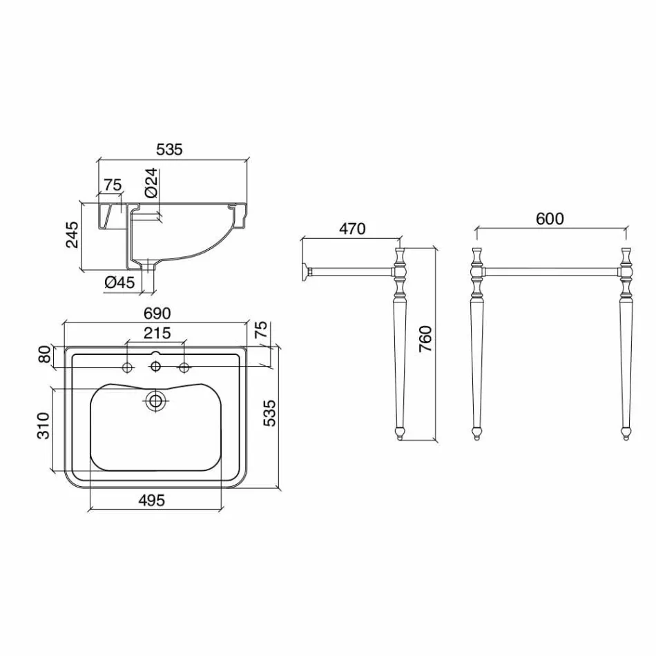 Bathroom Console L69 cm on Feet in White Vintage Ceramic, Made in Italy - Marwa Viadurini
